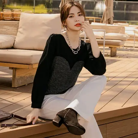 桔熊春秋季假两件套上衣女韩版设计感马甲拼长袖衬衫大码AB16056图片