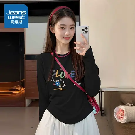 LB真维斯黑色上衣女2025新款美式酷飒纯棉t恤秋季女式长袖打底衫商品大图