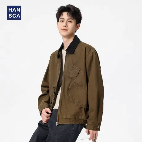 hansca美式复古翻领夹克男秋季宽松纯棉多口袋工装痞帅机车风外套图片