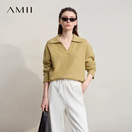 Amii2025秋新款极简纯色通勤翻领V领落肩袖宽松弹力套头毛衣女商品大图