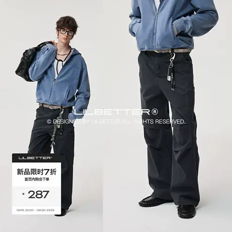 Lilbetter弧形分割立体活褶工装裤2025秋复古重洗褪直筒休闲长裤商品大图