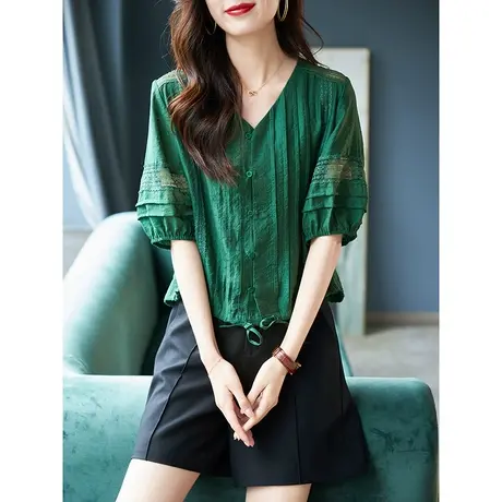 宝诗黎V领蕾丝拼接镂空衬衫2023夏季新款五分袖上衣宽松短款衬衣商品大图