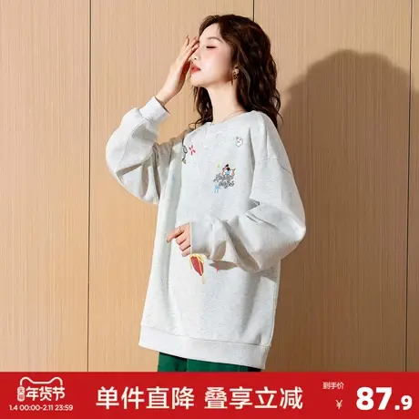 唐狮2026女秋冬加绒圆领卫衣卡通印花宽松可爱小个子通勤风浅花灰商品大图