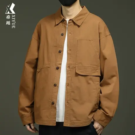 设计感男士长袖衬衫秋冬宽松大码纯棉抗皱翻领衬衣外套黄色上衣潮商品大图