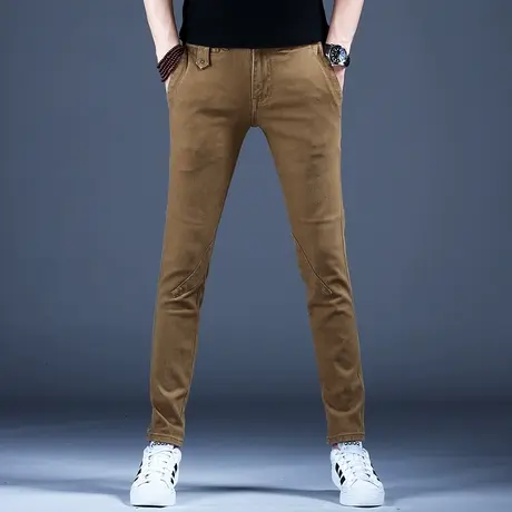 2023新款男士弹力潮牌卡其色牛仔裤男小脚修身潮流裤子男休闲男裤图片