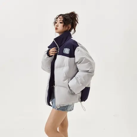 美式复古拼接立领棉服女冬季加厚外套2023新款潮牌宽松面包服棉衣商品大图