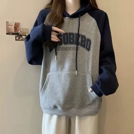bf慵懒风连帽卫衣女春秋拼接撞色插肩袖上衣韩版宽松薄款外套潮商品大图