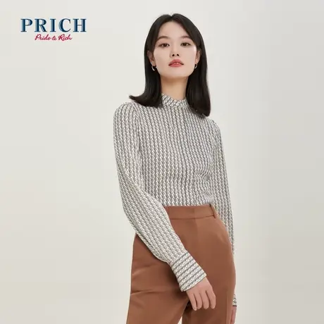 PRICH衬衫新品秋冬新款小立领印花丝滑缎面宽袖泡泡袖上衣女图片