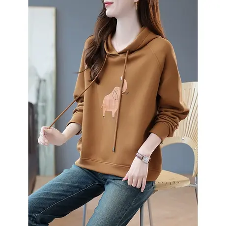 宝诗黎连帽印花棉质宽松卫衣女2023秋季新款长袖时尚百搭套头上衣商品大图