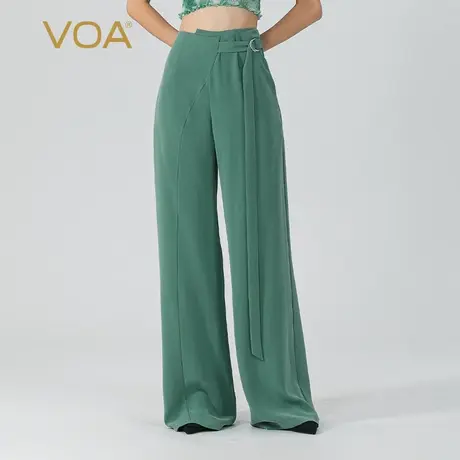 VOA云杉绿30姆米重磅做旧桑蚕丝自然腰侧口袋系腰带真丝阔腿长裤图片