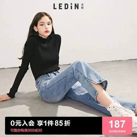乐町牛仔裤女宽松高腰2023春季新款女装直筒裤女开衩喇叭裤长裤商品大图