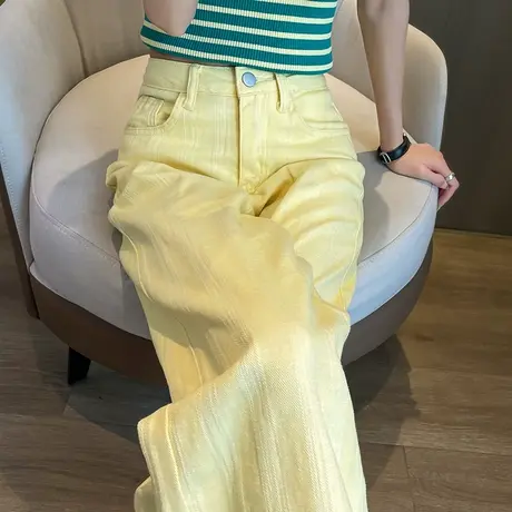 黄色高腰阔腿牛仔裤女春夏薄款小个子显瘦直筒宽松休闲垂感拖地裤商品大图