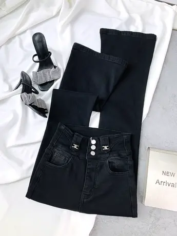 排扣金属装饰牛仔喇叭裤2023冬季新款显瘦百搭薄绒加厚马蹄长裤子商品大图