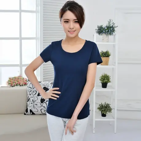 纯色莱卡棉短袖女士T恤 修身大码带胸垫女装 夏季圆领打底衫bra t商品大图