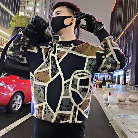 设计感个性拼色几何提花毛衣男秋冬款痞帅宽松加厚毛线针织打底衫商品大图