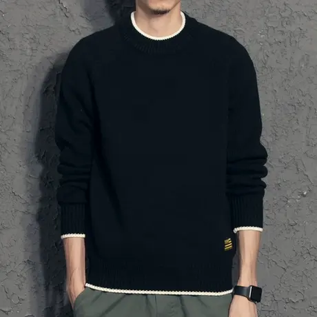 奕飏日系小清新假两件拼色男士毛衣冬季 圆领秋装针织衫男韩版潮图片