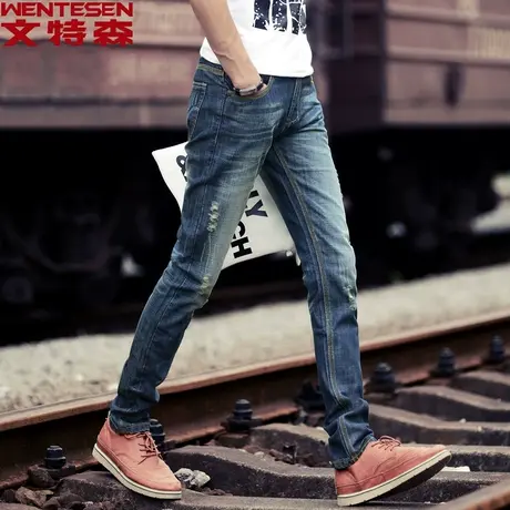 文特森新款夏季男修身直筒牛仔裤男装薄款破洞猫须青少年牛仔长裤商品大图