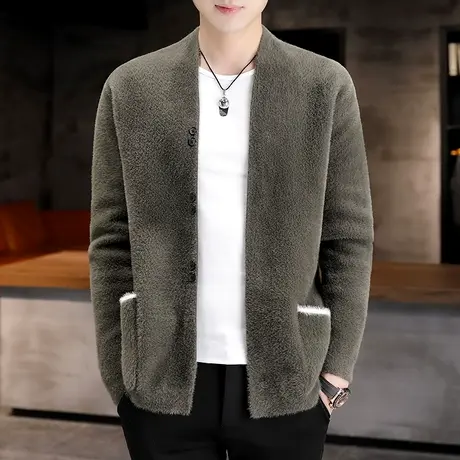 外套男秋冬季韩版潮流拼色线衣休闲开衫针织衫毛衣夹克水貂绒上衣商品大图