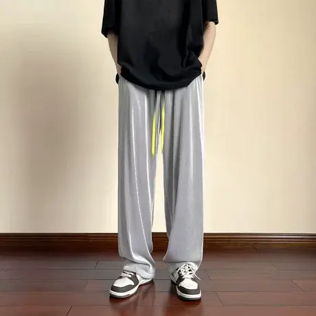 直筒休闲裤男夏季宽松潮牌运动长裤松紧腰百搭弹力垂感冰丝裤子商品大图