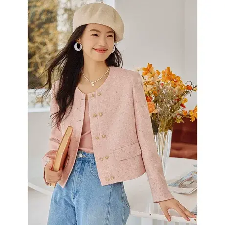 时尚气质长袖短外套2023年秋季新款淑女温柔圆领宽松显瘦通勤上衣图片