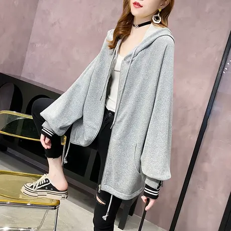 超火灰色开衫卫衣外套女连帽宽松韩版中长款上衣春装2022新款爆款商品大图