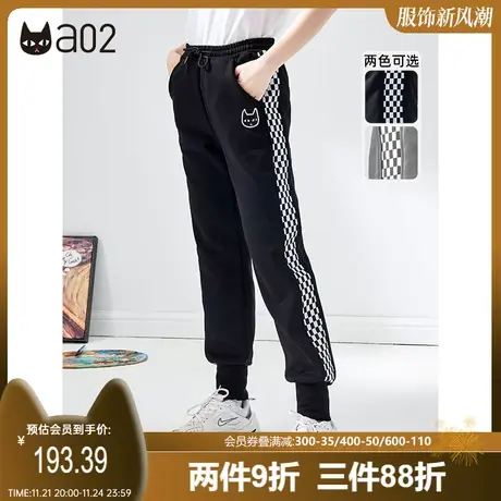 a02街头风休闲裤女冬季新品撞色拼接束脚裤宽松休闲加绒裤子商品大图