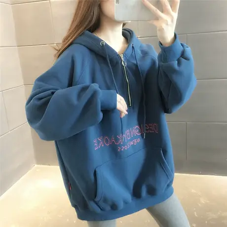 2023新款时尚上衣chic港风宽松韩版中长款连帽加厚加绒卫衣女秋冬图片