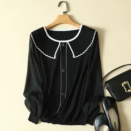 雪纺袖冰丝针织衫女春装2024年新款宽松娃娃领上衣洋气蕾丝打底衫图片