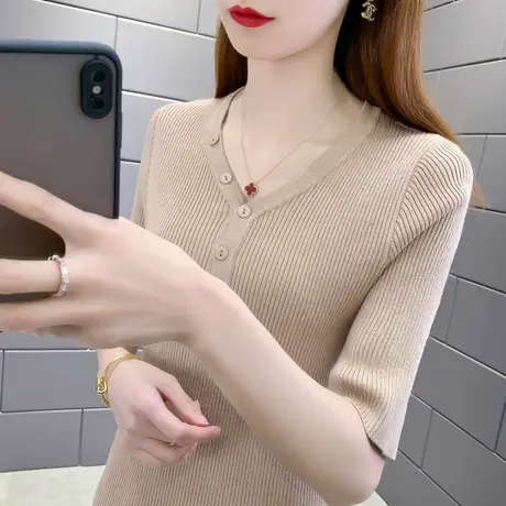 纽扣鸡心针织衫修身五分短袖女2025年春秋新款V领上衣内搭打底衫商品大图