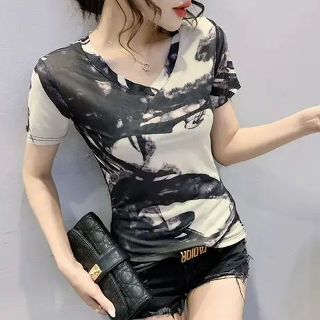 复古印花T恤女短袖欧货潮时尚洋气网纱上衣修身显瘦半袖小衫夏装图片