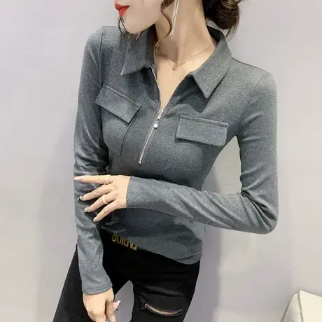 拉链POLO领T恤女长袖2024新款百搭加绒打底衫春秋紧身洋气上衣ins商品大图