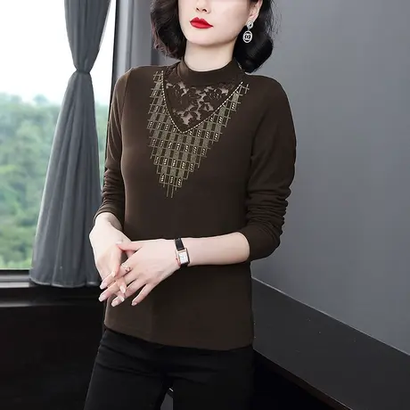 半高领长袖打底衫女秋冬2023新款洋气修身大码中年妈妈蕾丝女上衣图片