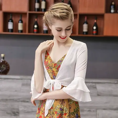 系带雪纺外搭开衫女短款搭肩小披肩夏百搭薄短外套2024新款小坎肩图片