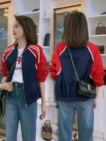 2023新款外套女美式复古撞色拼接棒球服休闲小个子短款开衫夹克女商品大图