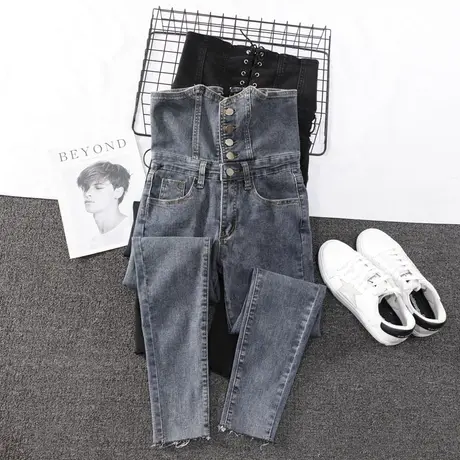 后绑带排扣韩版牛仔铅笔裤女2023春秋高腰显瘦弹力修身提臀小脚裤商品大图