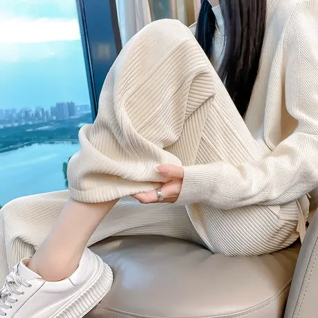 米白色雪尼尔阔腿裤女秋冬季高腰垂感直筒宽松休闲条绒灯芯绒裤子商品大图