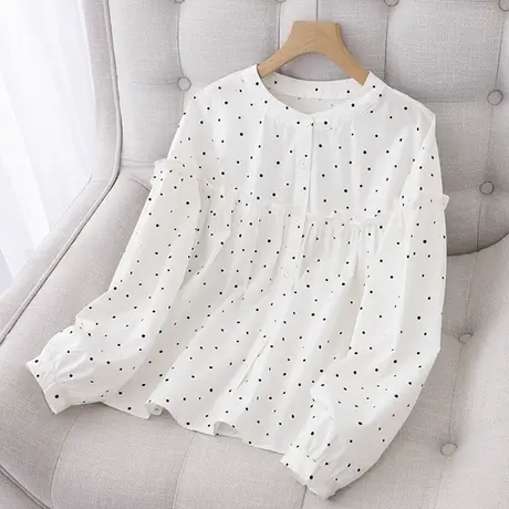白色波点长袖衬衫女早秋新款韩版木耳边立领宽松显瘦休闲波点衬衣图片