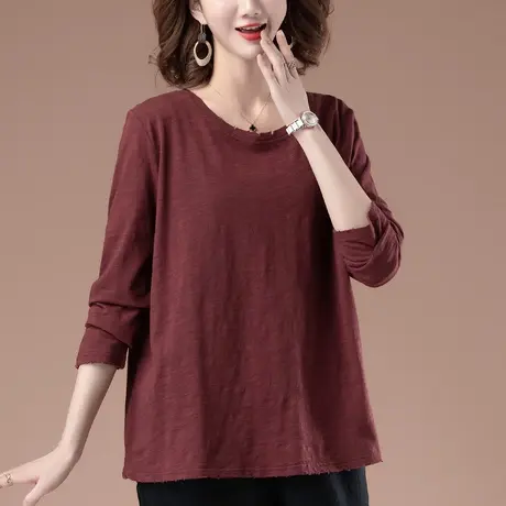 长袖t恤女早秋新款加肥加大码女装宽松纯棉圆领遮肚子显瘦打底衫商品大图