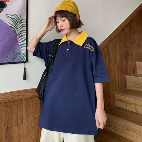 网红大版polo衫短袖t恤女2020夏季宽松韩版学生ins超火港风上衣潮商品大图