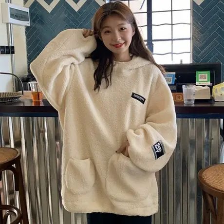 羊羔毛卫衣女2020秋冬宽松韩版ins连帽上衣bf慵懒风加绒加厚外套图片
