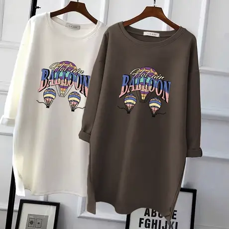 2022新款春秋装纯棉长袖中长款磨毛T恤女宽松bf慵懒风打底衫上衣图片