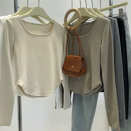 方领长袖打底衫女燕麦色修身显瘦美式百搭内搭上衣T恤韩版春季商品大图