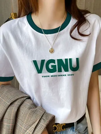 仿棉短袖t恤女2023新款夏季小众设计感正肩洋气遮肉显瘦撞色上衣商品大图