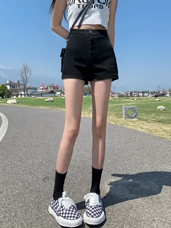 清仓捡漏黑色牛仔短裤女高腰2023夏新款大码百搭a字弹力修身热裤商品大图