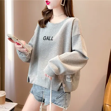 早秋短款卫衣女春秋季韩版宽松薄款小个子华夫格长袖t恤上衣外套商品大图