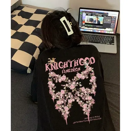 大码vintage美式复古t恤女oversize街头风ins潮短袖欧美炸街上衣商品大图