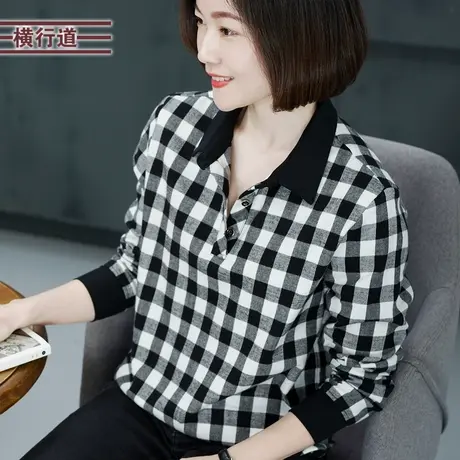 气质薄款复古翻领衬衫黑白方格子休闲宽松大码女装2025长袖上衣服商品大图