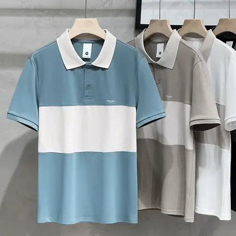 潮牌条纹polo衫男短袖2023夏季日系休闲宽松翻领拼接撞色t恤男装商品大图