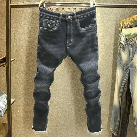 秋冬款深蓝色男士牛仔裤修身小脚裤高端舒适面料潮流百搭弹力长裤图片