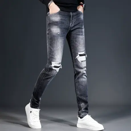 高街破洞牛仔裤男2023秋冬新款潮流补丁修身小脚弹力百搭男士长裤商品大图